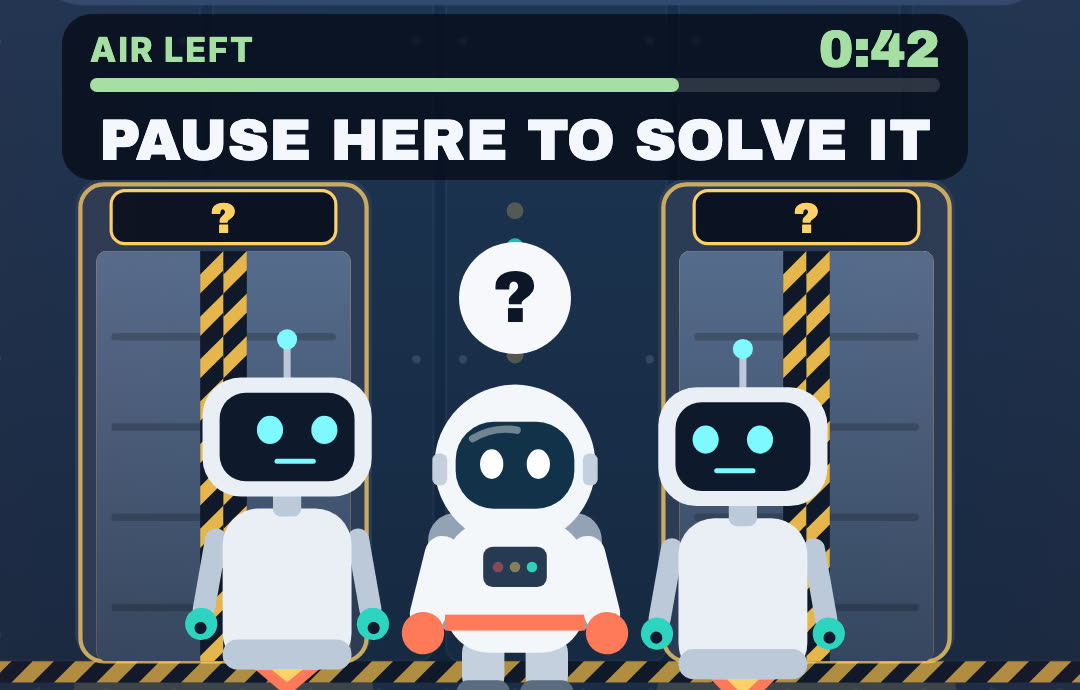 A cartoon astronaut stands between two robots, each in front of a door, with a question mark above the astronaut's head.