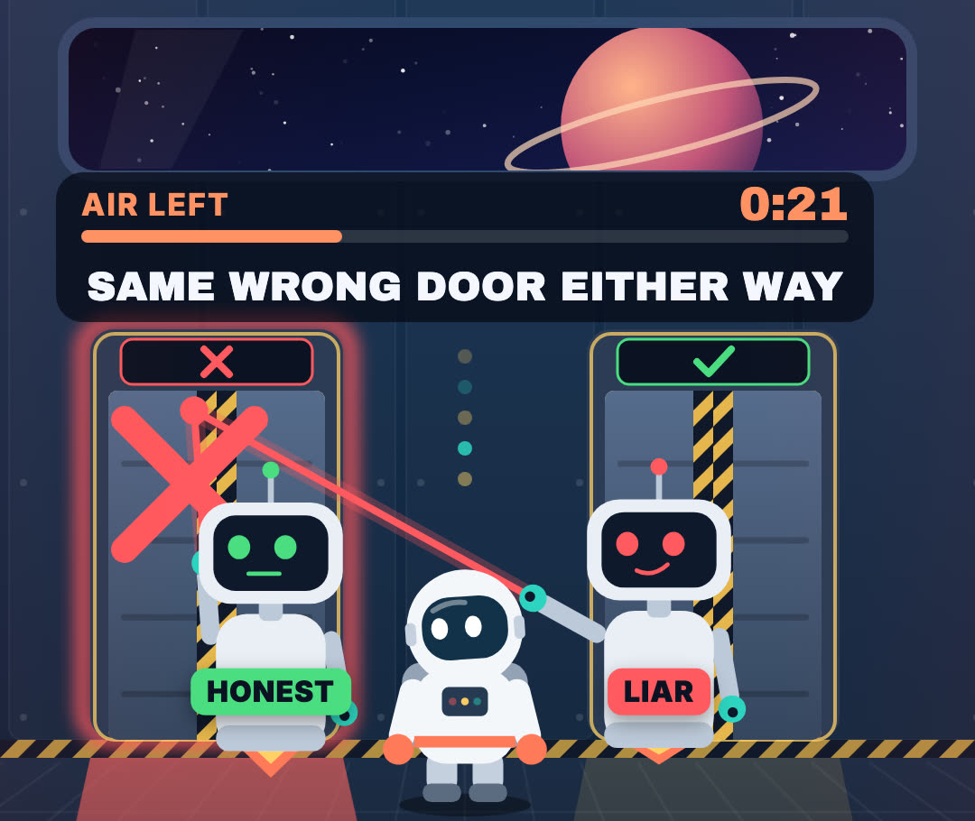 Both robots end up pointing at the same door, which is marked with a red X.