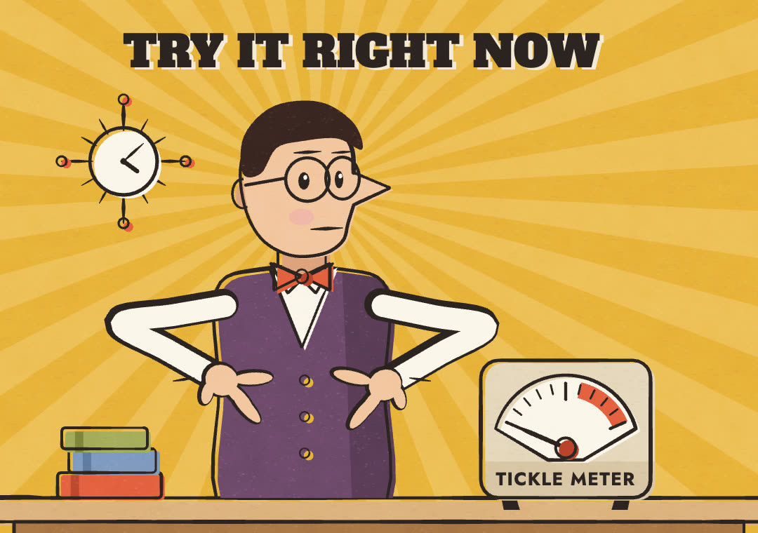 A cartoon man at a desk tries to tickle himself while the tickle meter beside him stays at zero.